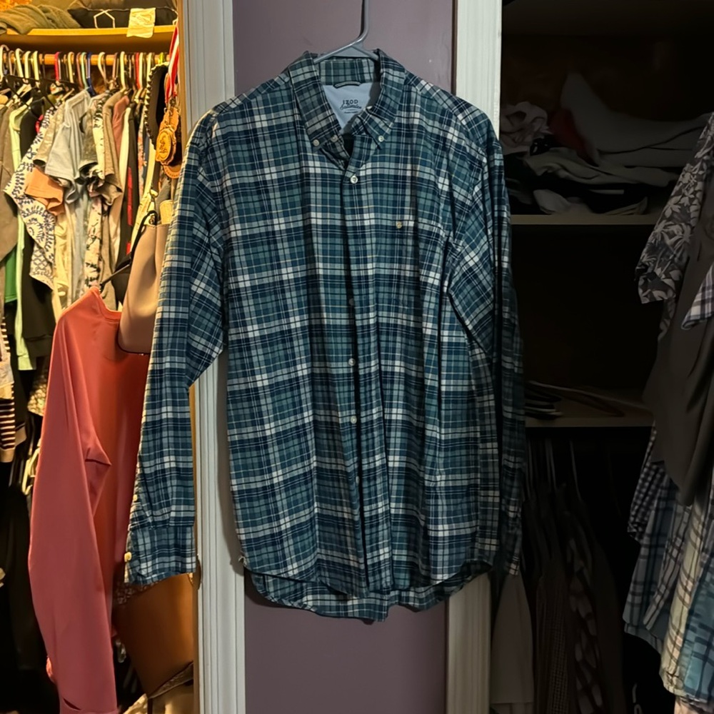 Multi colored blue plaid large button up
